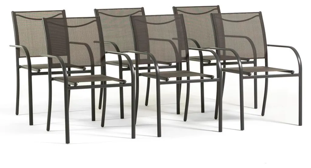 Lot de 6 chaises de jardin Elena en Textilene gris avec accoudoirs acier