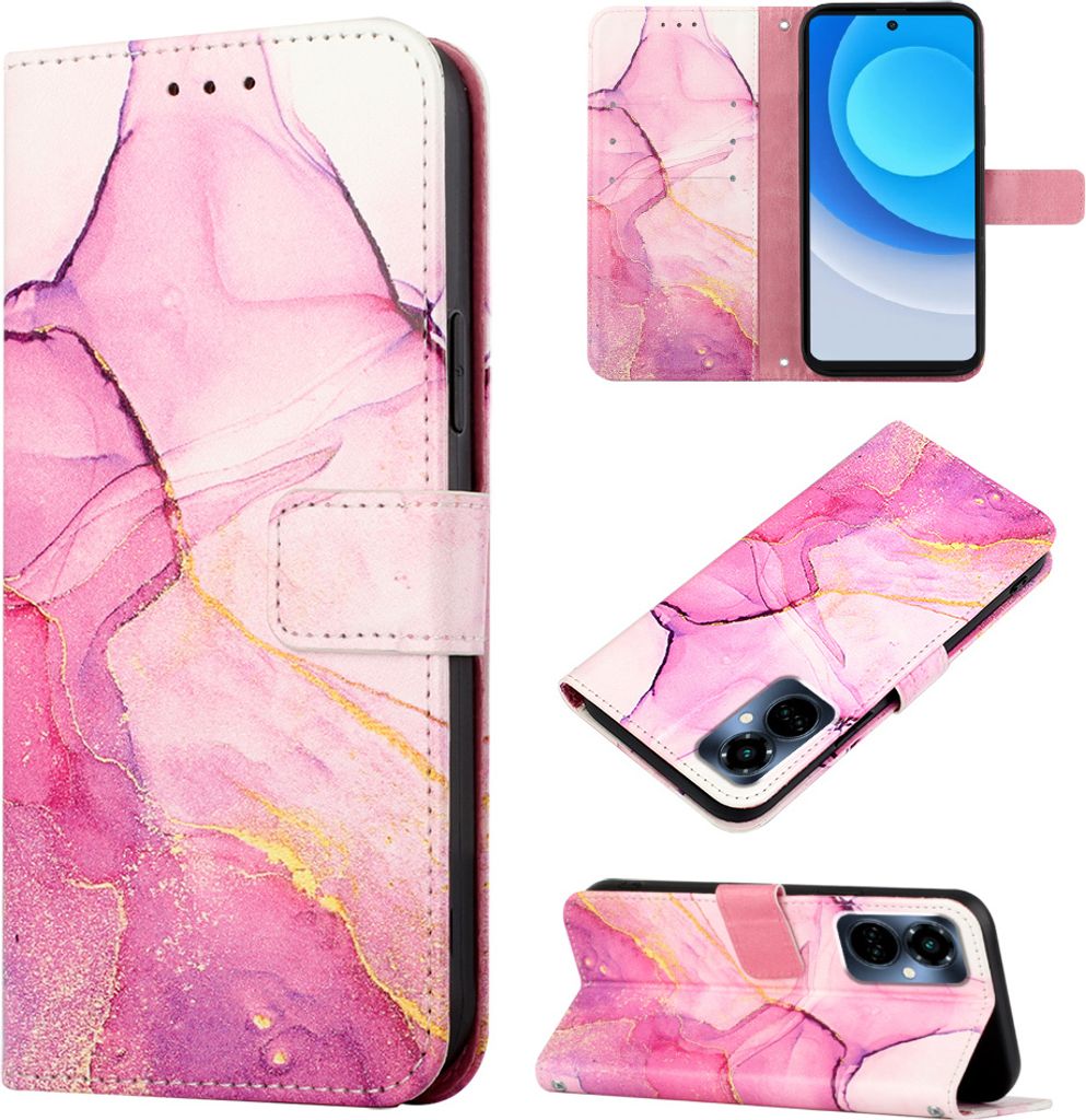 Tecno Camon 19 Pro 5G Hülle, Marmor Motiv Kunstleder Tasche Wallet Kartenfächer mit Standfunktion Klapp Schutzhülle für Tecno Camon 19 Pro 5G Rosa