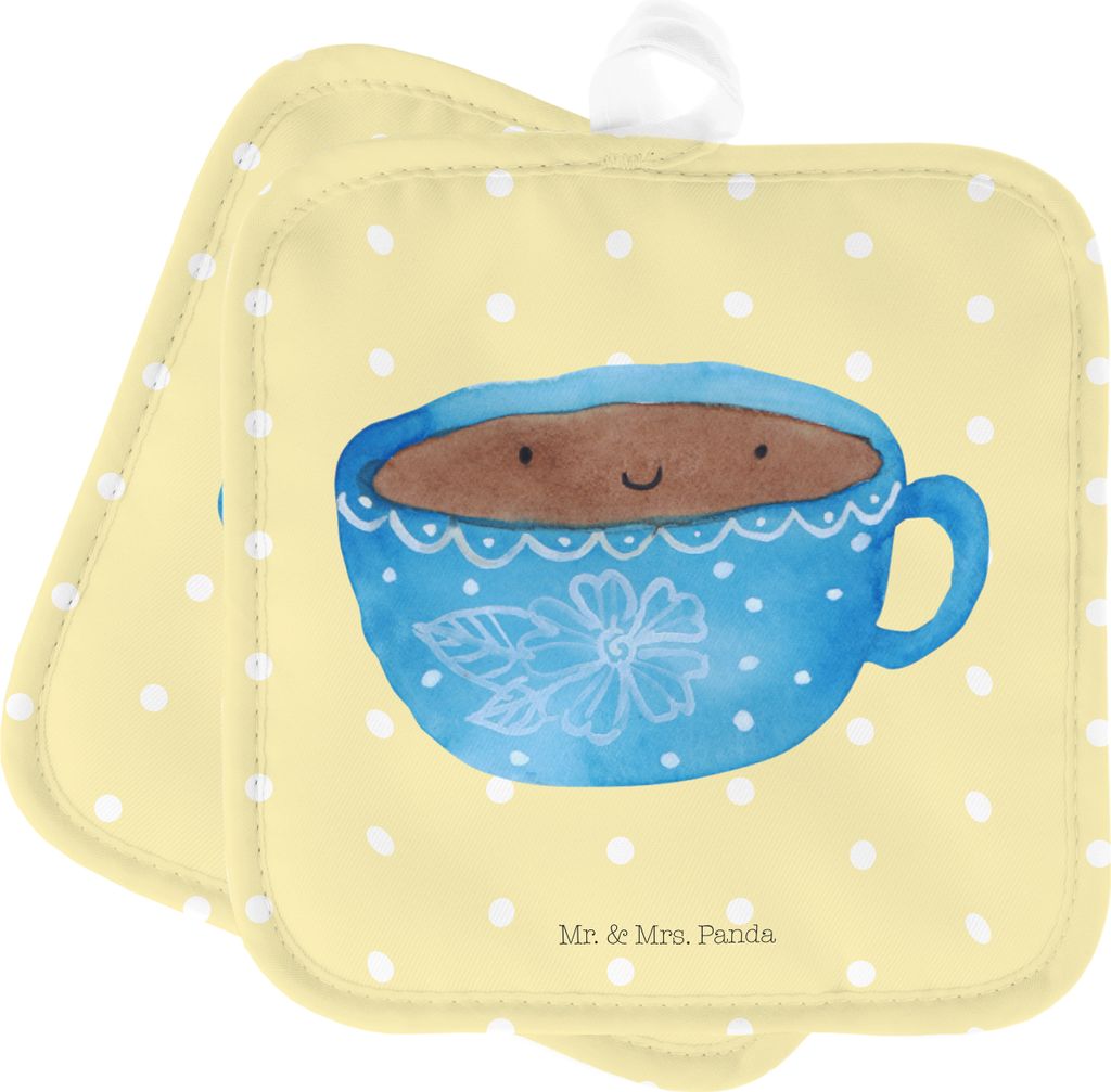 Mr. & Mrs. Panda Topfuntersetzer Kaffee Tasse - Gelb Pastell - Geschenk, Topflappen Set, Lustige Sprüche, Glücklich, Ofenlappen, Geschmack, Kochl...