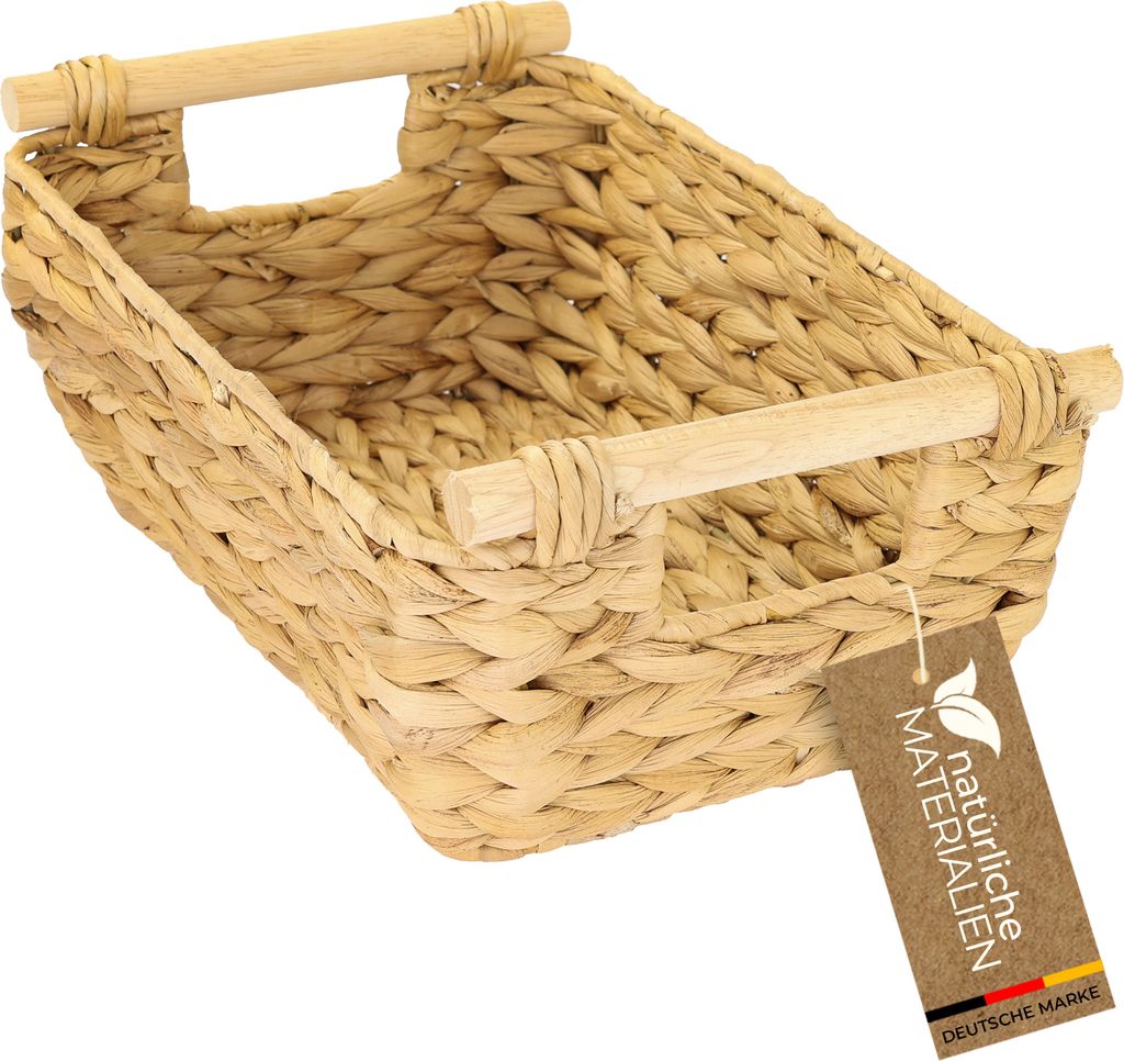 HMF Aufbewahrungskorb geflochten aus Wasserhyazinthe, dekorativer Korb mit Holzgriffen zur Aufbewahrung für Badezimmer, Wohnzimmer, Küche, 32 x 2...