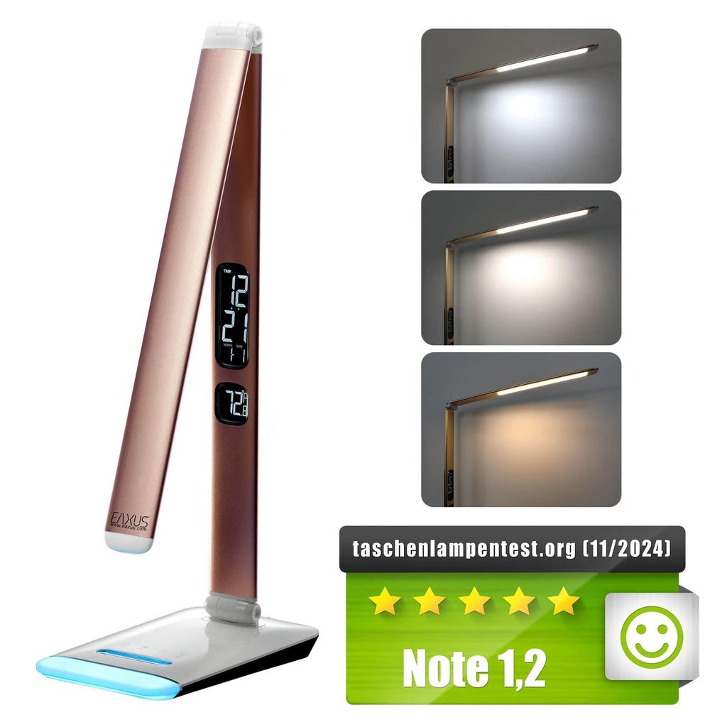 Eaxus LED Schreibtischlampe mit RGB-Farbwechsel - Dimmbar mit Touch-Funktion, Uhr, Kalender & Temperaturanzeige, Kupferfarben