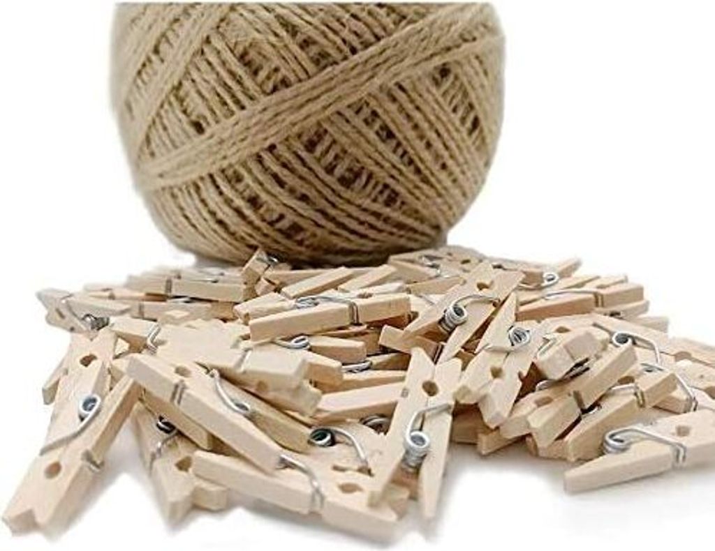 60 Mini-Holzklammern + 100 m Schnur, Mini-Stöcke zum Dekorieren, DIY-Deko, Mini-Wäscheklammern aus Holz, kleine Wäscheklammern zum Basteln, für...
