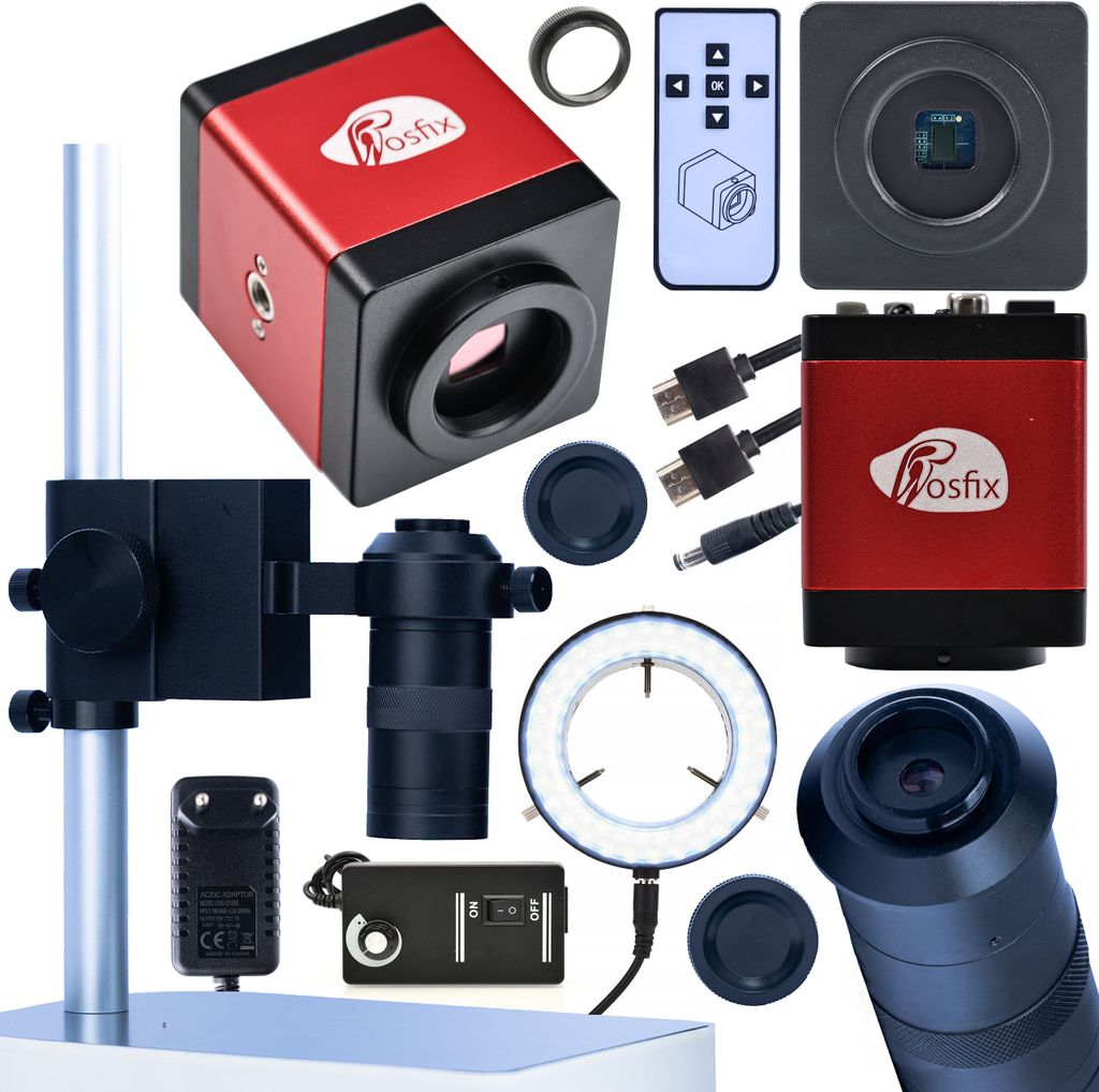 Rosfix Set Draco RED PRO 4in1 – Mikroskopkamera HDMI/VGA 2MP + 100x Objektiv + LED-Ringlicht + Plattform | C-Mount | FullHD 60fps