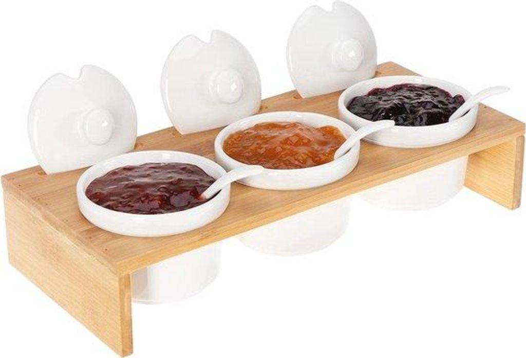 Porzellanservice mit Löffel und Deckel - 10-teilig, mit Servierplatte aus Bambus für das Frühstück - Kräuterdöschen aus Keramik (10-teilig, r...