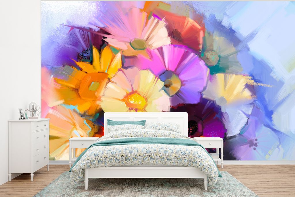 MuchoWow Fototapete für Wohnzimmer oder Schlafzimmer Wandtapete Vinyl Motivtapete Ölfarbe - Farben - Blumen - 350x260 cm - Wohnzimmer-Tapete