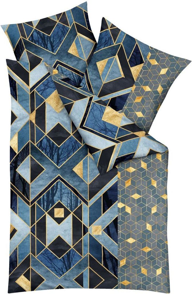 Kaeppel Mako Satin 135x200cm Digitaldruck Bettwäsche 2 tlg. Wolf Urwald Federn Abstrakt Baumwolle, Farbe:Abstrakt Petrol