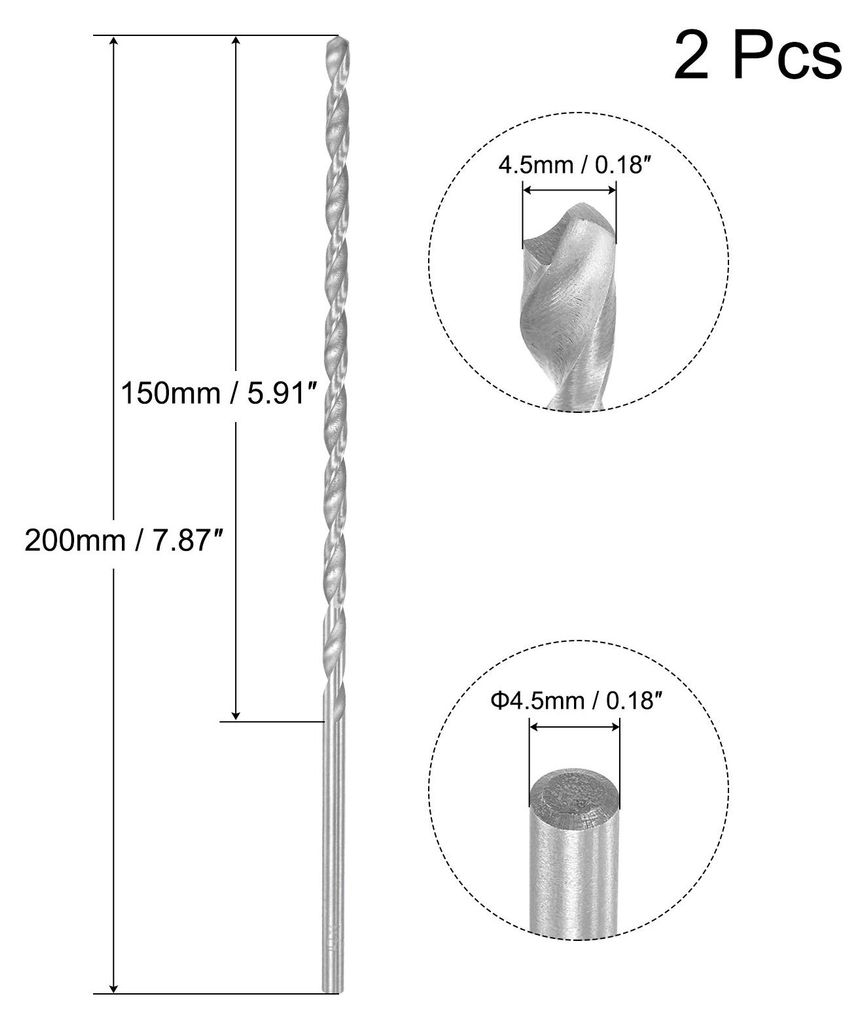 2 Stk HSS Spiralbohrer (Hochgeschwindigkeitsstahl) Extra lange Twist Bohrer 4,5mm Bohrdurchmesser 200mm L?nge