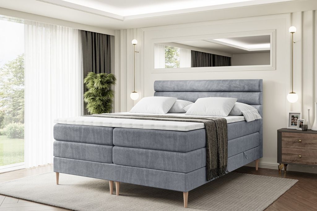 ALTDECOR Boxspringbett mit Holz Füßen, Matratze und Lattenrost, Topper, Polsterbett mit Bettkasten, Bett mit Stauraum H3- und H4- Matratze, Doppe...