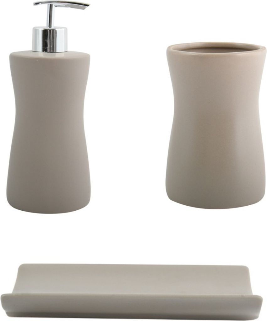 MSV Bad Accessoires Badezimmerzubehörset Palma 3-teilig - Seifenspender, Seifenschale, Zahnputzbecher Taupe