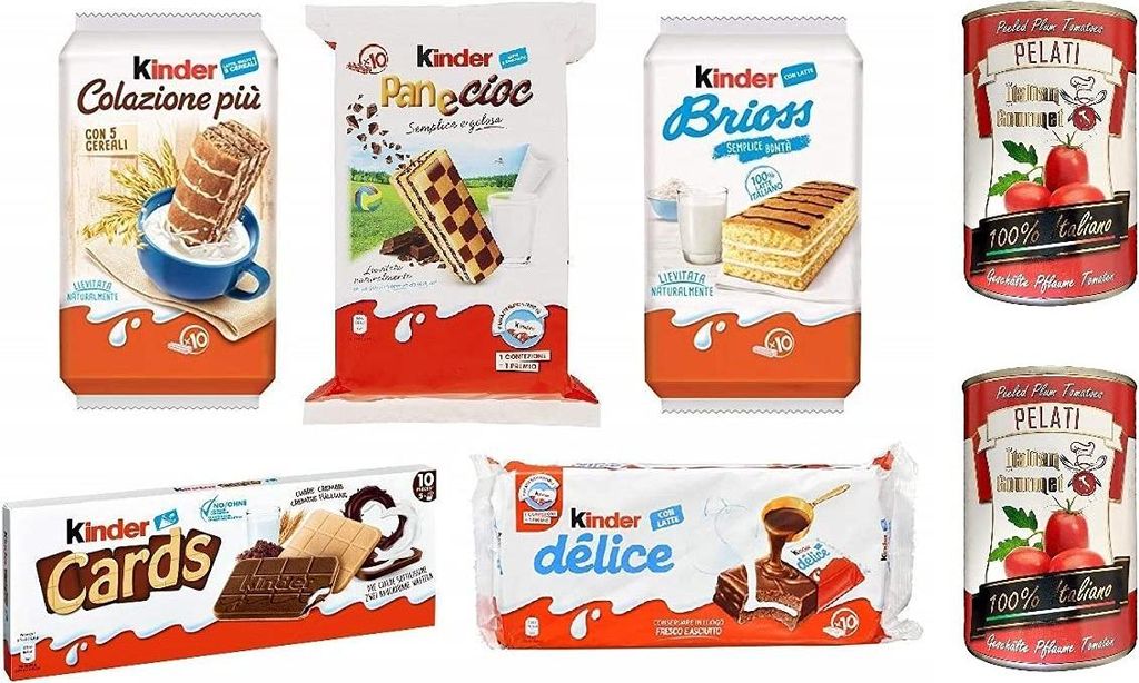 Testpaket Kinder Ferrero Brioss Colazione più Panecioc Delice Cards Snack + Italian Gourmet 100% italienische geschälte Tomaten dosen 2x 400g