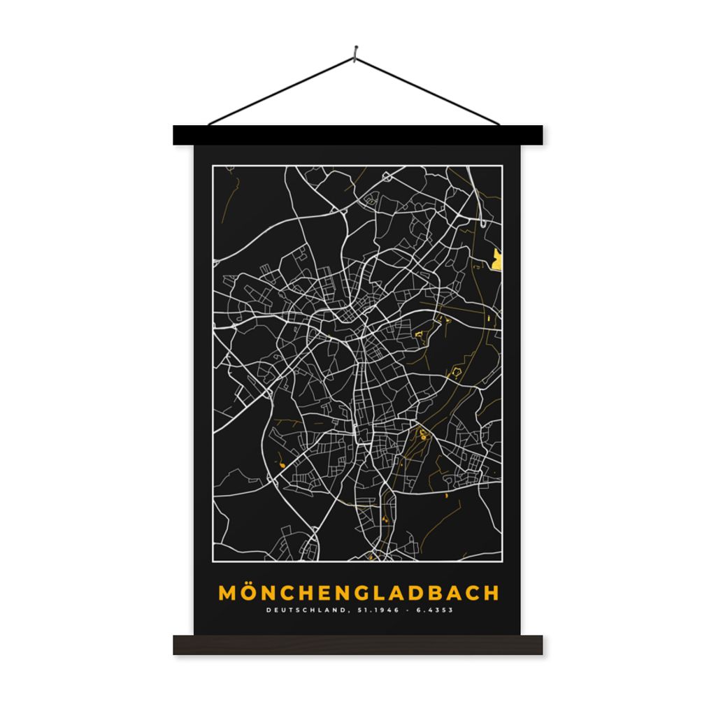 MuchoWow Textilposter Mönchengladbach - Gold - Stadtplan - Karte - Deutschland 60x90 cm mit schwarzem Rahmen - Poster Wohnzimmer