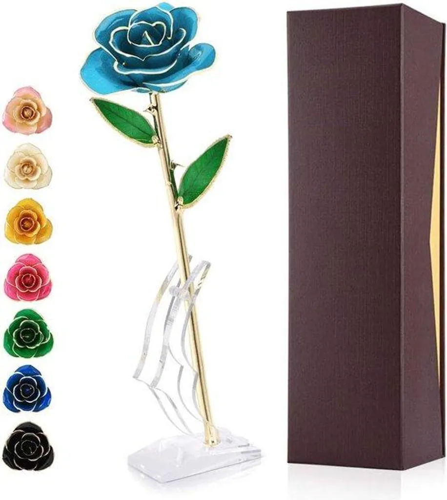 Fleur éternelle en or 24K bleu ciel avec socle - Objet de décoration