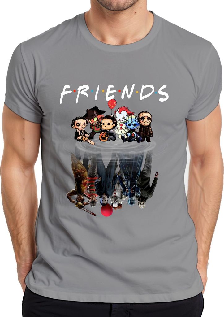 FRIENDS Horror Ikonen Pennywise Michael Jason Freddy Pinhead Herren T-Shirt, Grau, M