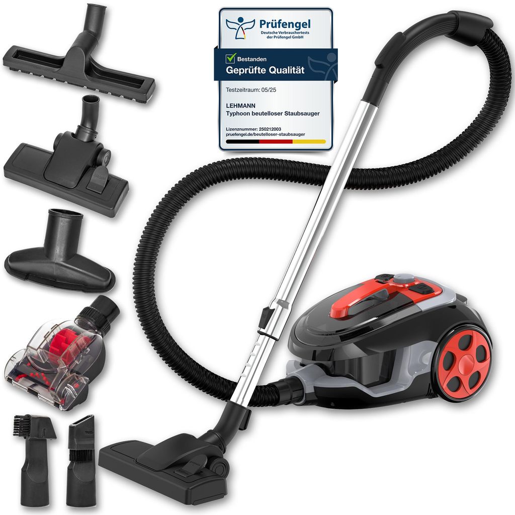 A collage of a bagless vacuum cleaner and its various attachments, along with a certification badge.