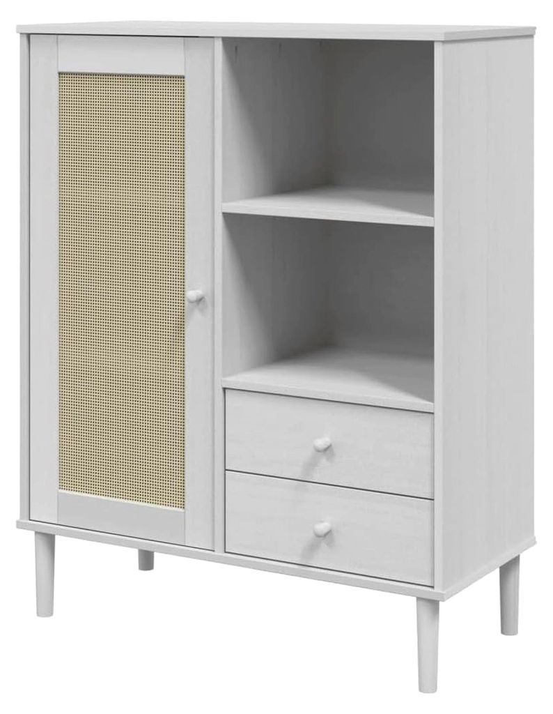 Highboard in Rattan-Optik, Kommode mit Stauraum für das Wohnzimmer, Schrank Anrichte Mehrzweckschrank aus massivem Kiefernholz
