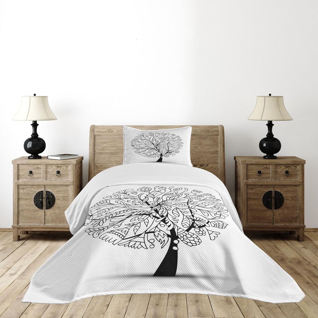 ABAKUHAUS Weiß Tagesdecke Set, Monochrome Doodle Baum mit abstrakten Blätter- Blumen Zweige Illustration, 170 x 220 cm, Charcoal Grau und Weiß