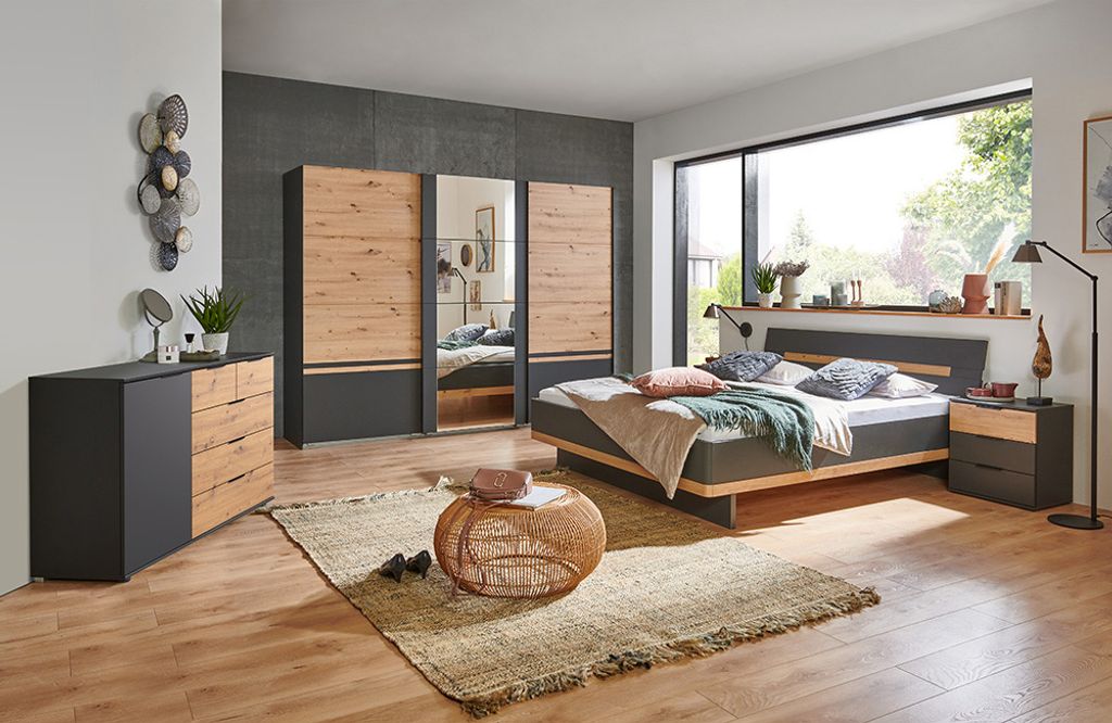 Schlafzimmer Komplett Set GRANADA-43 mit Bett 180x200cm und Schwebetürenschrank in graphit mit Artisan Eiche Nb.