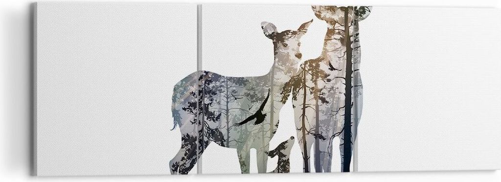 Bild auf Leinwand - Leinwandbild - Deer Familie Wildheit Illustration - 120x40cm - Wand Bild - Wanddeko - Leinwanddruck - Bilder - Kunstdruck - Lei...
