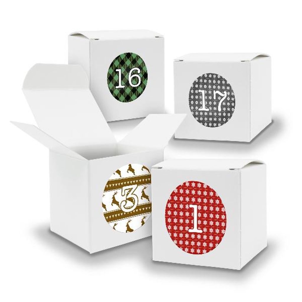 Adventskalender zum Füllen 24x Würfel 6,5cm WEISS + Sticker V04 Z06