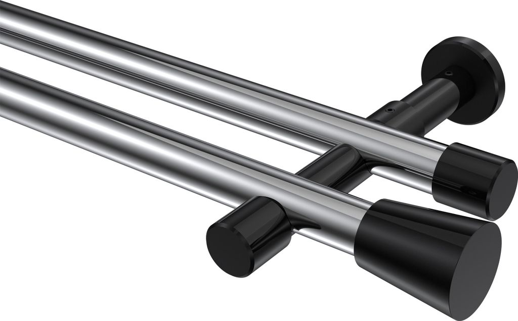 Interdeco Gardinenstange / Vorhangstange Chrom / Schwarz, Typ Prestige Sitra (Konus) ohne Ringe, 20 mm Ø 2-läufig, 100 cm