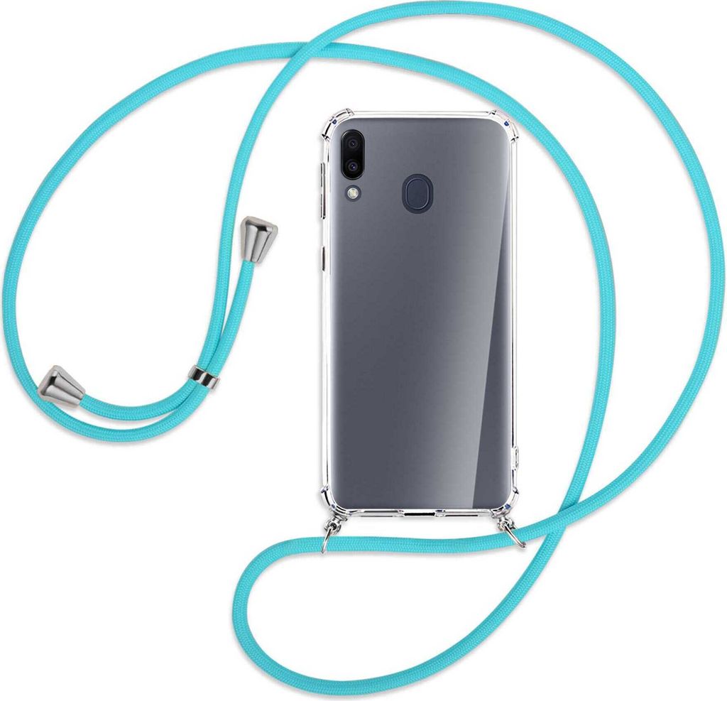 Handykette Backcover-Schutzhülle mit Band (Metall silberfarben) für Samsung Galaxy M20 - türkis