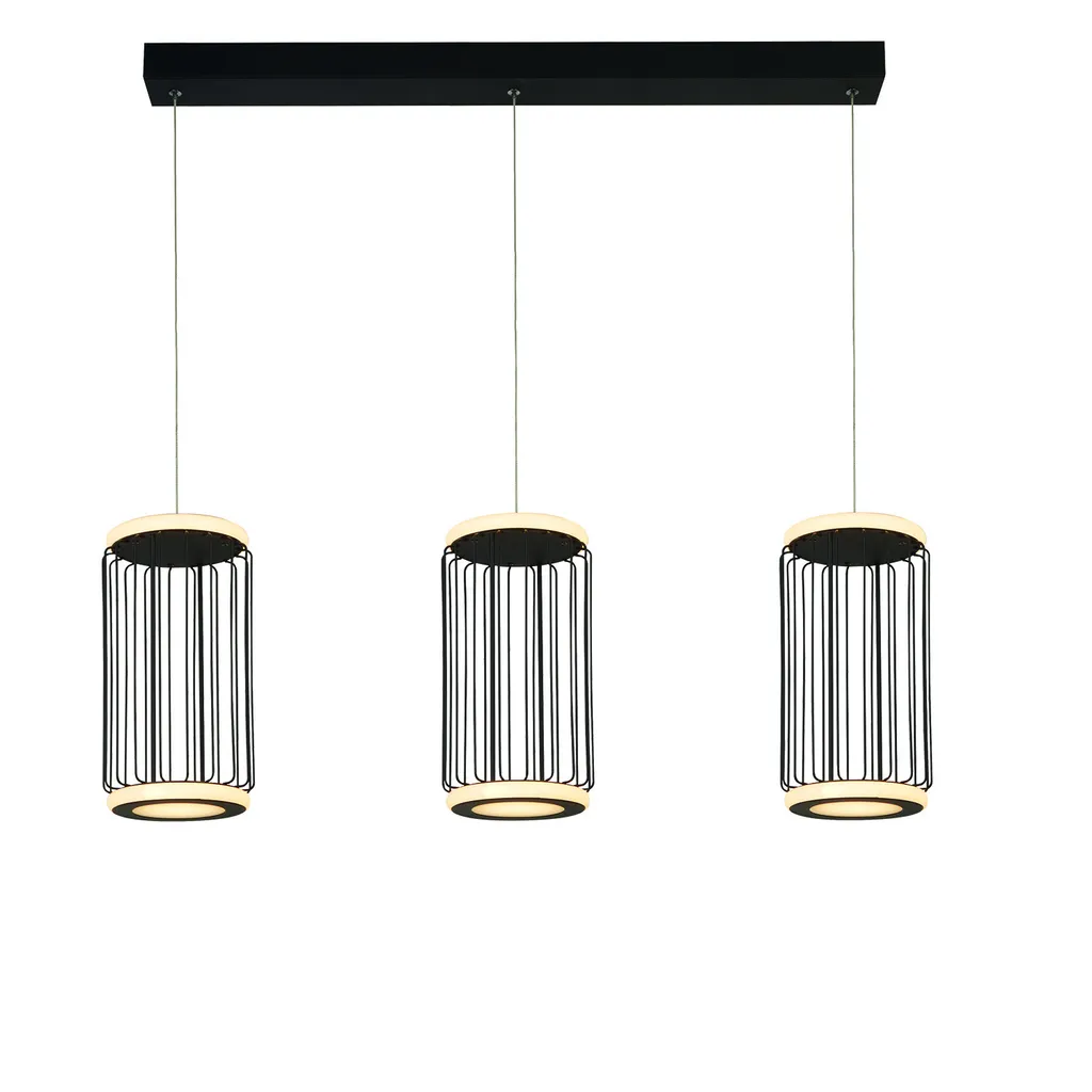 Suspension Barre 3 Cages LED Noir Sablé Idéale au-dessus d'un Ilot Central