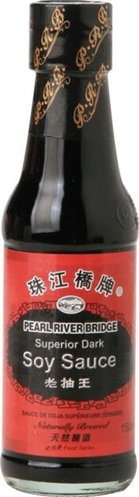 A bottle of Pearl River Bridge Superior Dark Soy Sauce against a white background.