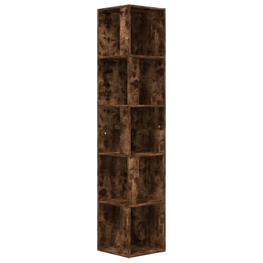 A tall, narrow, multi-shelf bookcase with a wood-like texture.