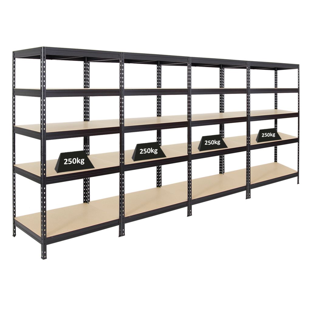 Mega Deal | 4x Schwerlastregal Rivet | HxBxT 180x90x60 cm | Fachlast 250kg | Schwarz
