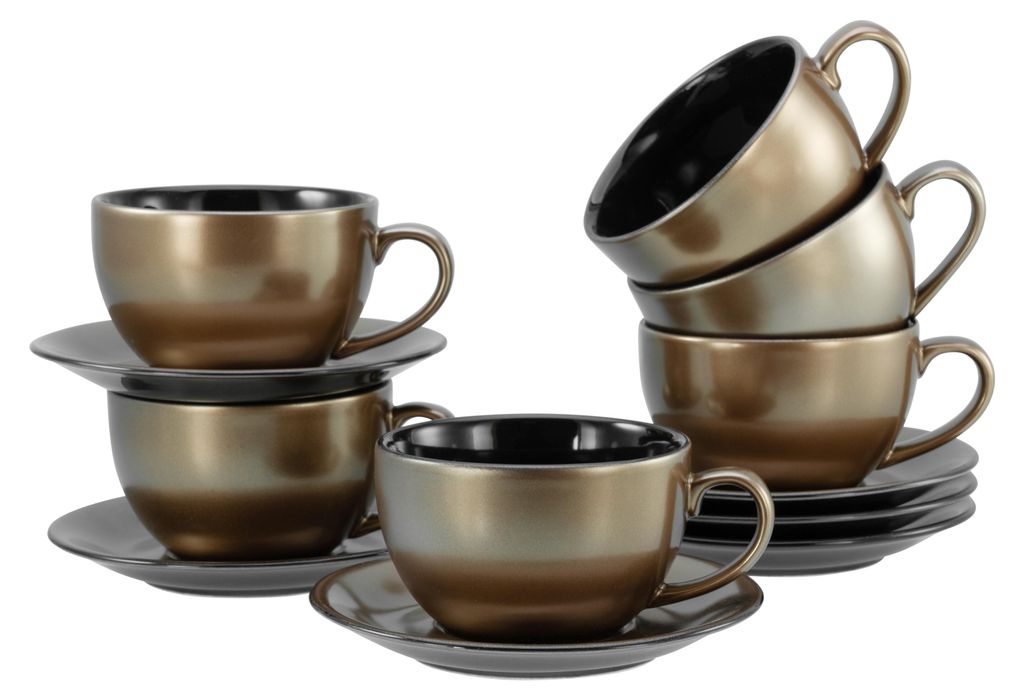 CreaTable, 24331, Golden Days Schwarz, Cappuccinoset 12-tlg, Steinzeug