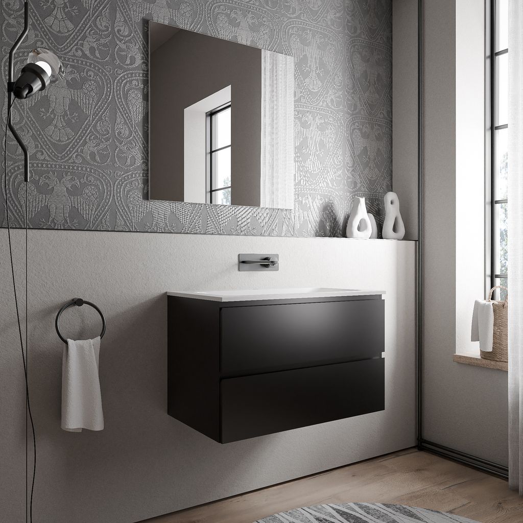 Unterschrank AVA 80 cm mit Mineralguss Waschbecken BRUXELLES - Farbe wählbar, Auswahl Waschbecken:Weiß matt ohne Hahnloch, Farbe Badmöbel:Schwar...