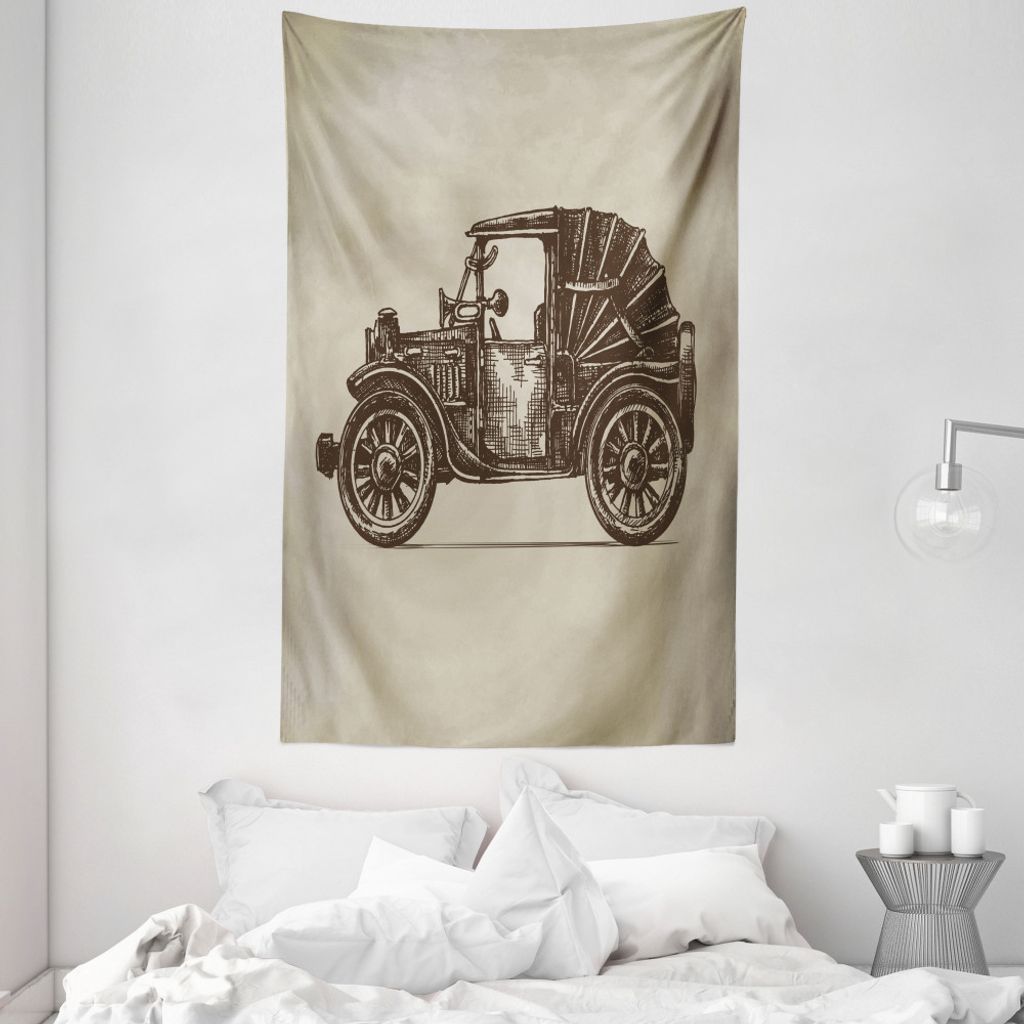 ABAKUHAUS Autos Wandteppich und Tagesdecke, Oldtimer-Cabrio aus Weiches Mikrofaser Stoff Waschbar ohne Verblassen Digitaldruck, 140 x 230 cm, Beige...