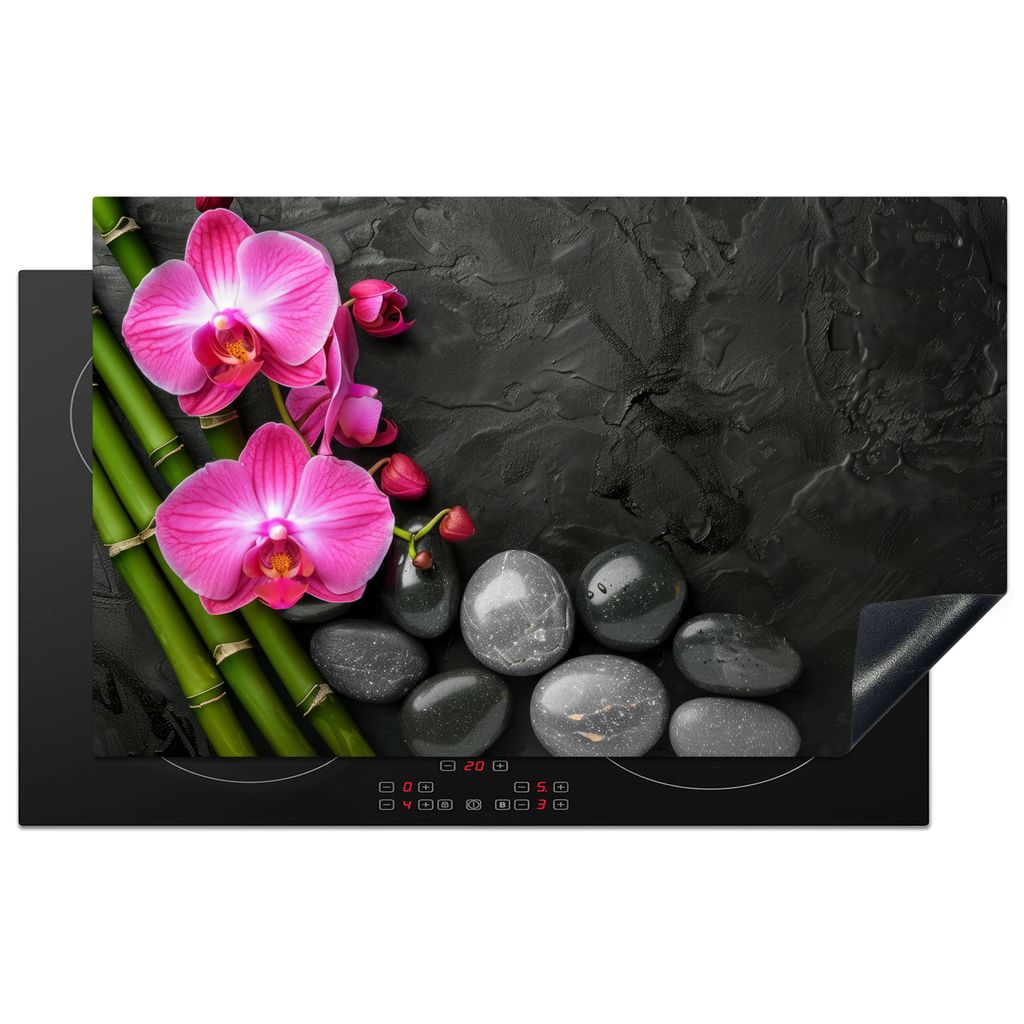 KitchenYeah Herdabdeckplatte Zen - Steine - Blumen , 85x52cm, Küche Deko, Glaskeramikkochfeld Herdabdeckung, Abdeckplatte fùr Kochfeld