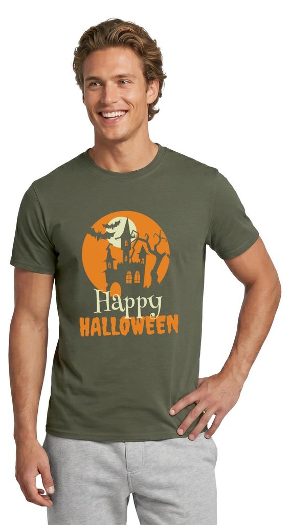 Spreadshirt Happy Halloween Spukhaus Mit Vollmond Und Fledermaus Männer T-Shirt, L, Militärgrün