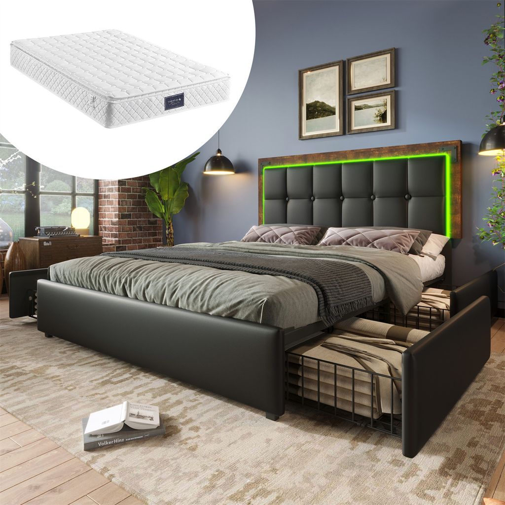 Doppelbett,Polsterbett(160x200cm,Mit Matratze)Funktionsbett,mit LED-Beleuchtungsleiste und 4 Schubladen,Höhenverstellbarem Kopfteil