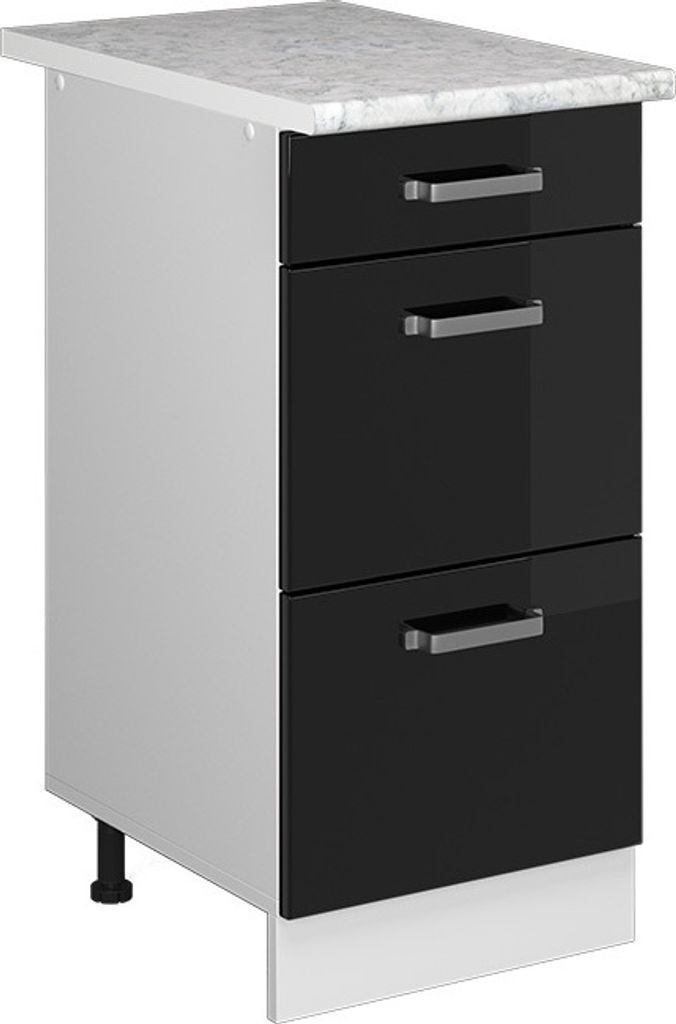 Küchenunterschrank Vicco R-Line Schwarz Hochglanz 40 cm mit Schubladen, AP Marmor, Model 41154