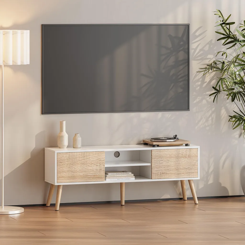 Banc TV bicolore Eskilstuna blanc et chêne pour salon moderne - Rangement
