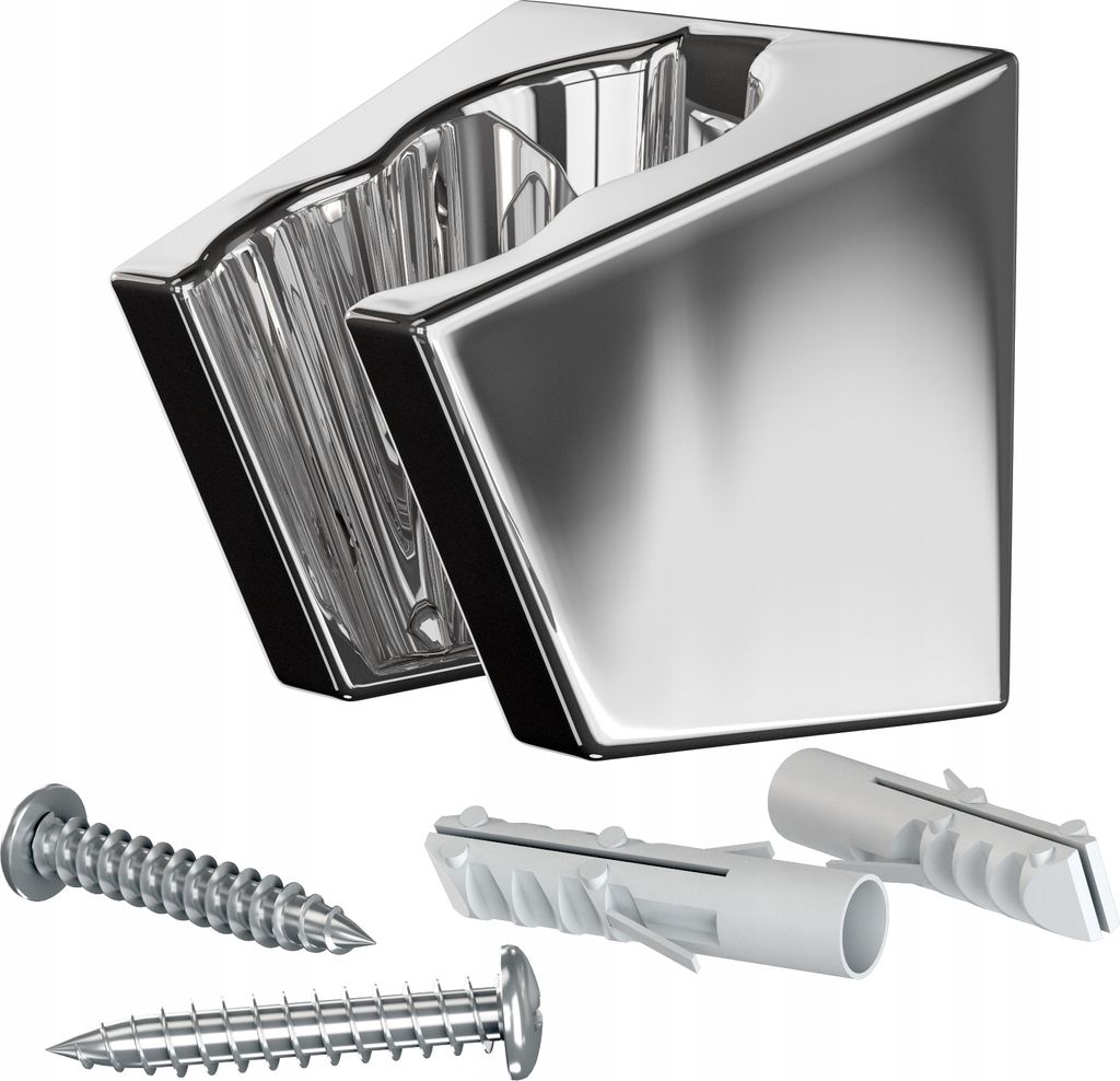 A chrome shower head holder with screws and wall plugs on a white background.