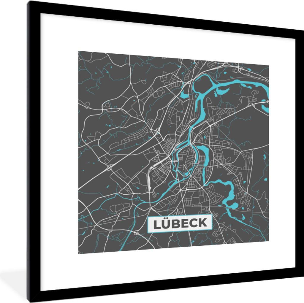 MuchoWow Gerahmtes Poster Lübeck - Stadtplan - Blau - Karte - Deutschland 40x40 cm - Poster mit Schwarzem Bilderrahmen Wandposter Rahmen Foto Bi...