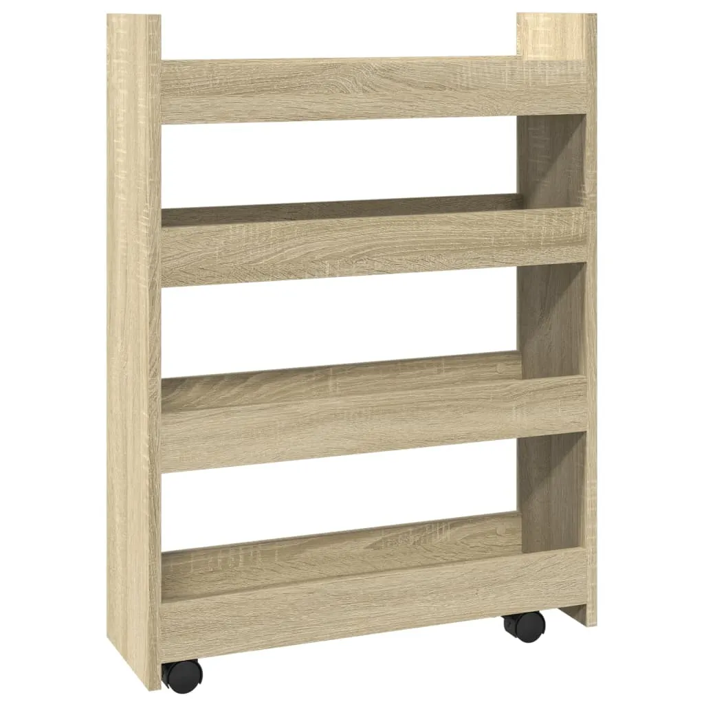 Carrello portaoggetti stretto a 4 ripiani in legno di rovere Sonoma