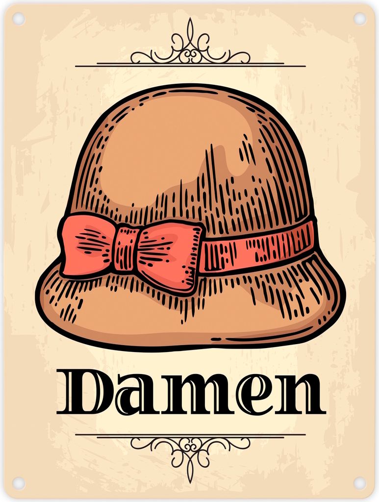 Vintage Damen WC Schild mit Damenhut in beige Schild Blechschild Emailleschild