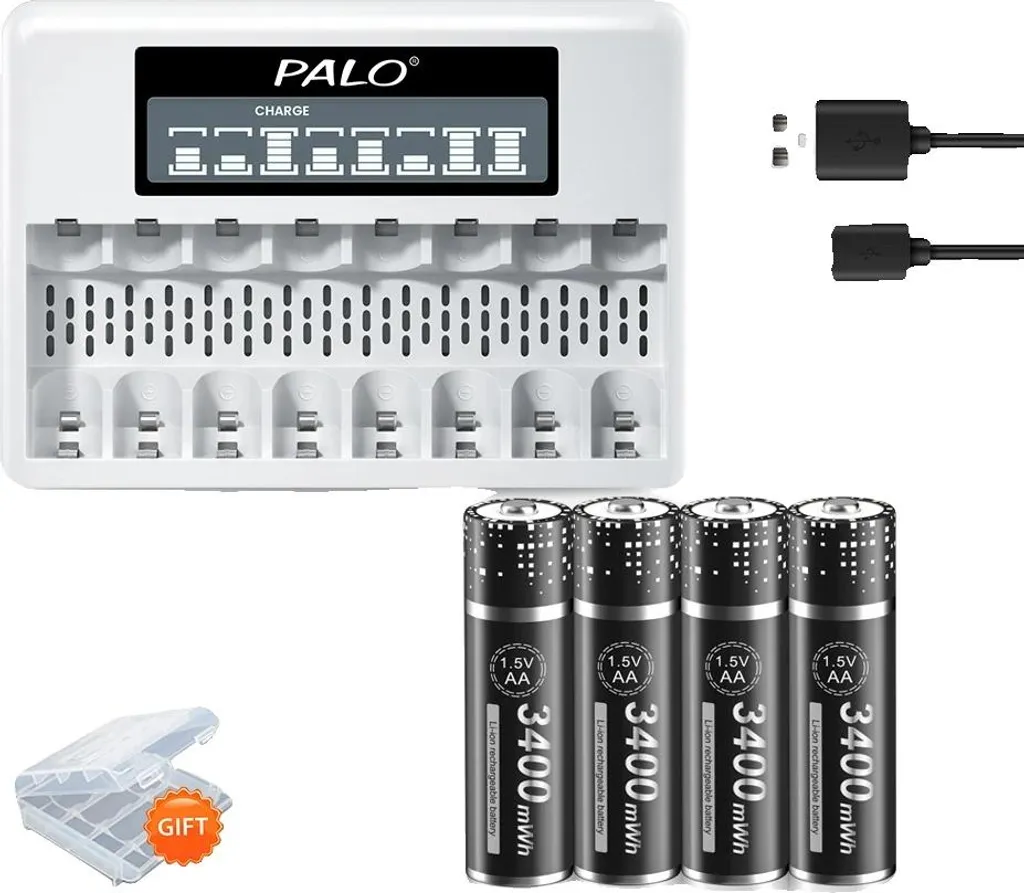 Pack chargeur de piles avec 4 accumulateurs AA rechargeables 3400mWh