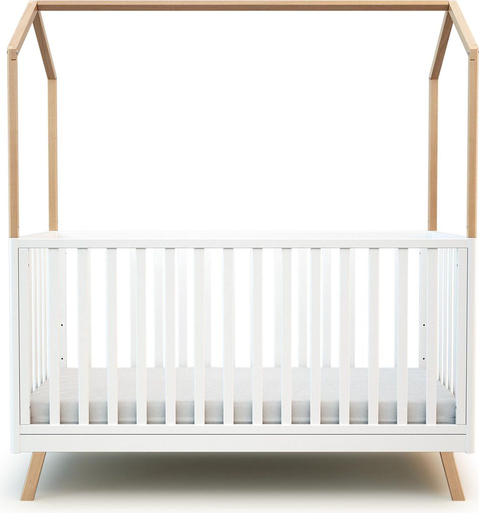 AT4 - Baybett Hausbett Holz 70x140 KASA Weiß und lackierte Buche | Babybett umbaubar zum boden juniorbett mädchen und Jung | Gitterbett mit Latte...