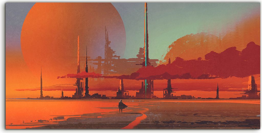 Coloray Glasbild 140x70 Wandbild Glasbilder Foto Stadt in der Wüste Mars Mond