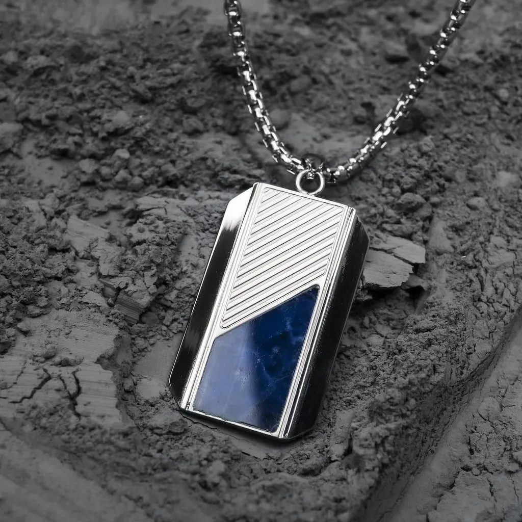 Bijou Masculin Collier Sodalite Bleue et Bois sur Chaîne Acier Argenté