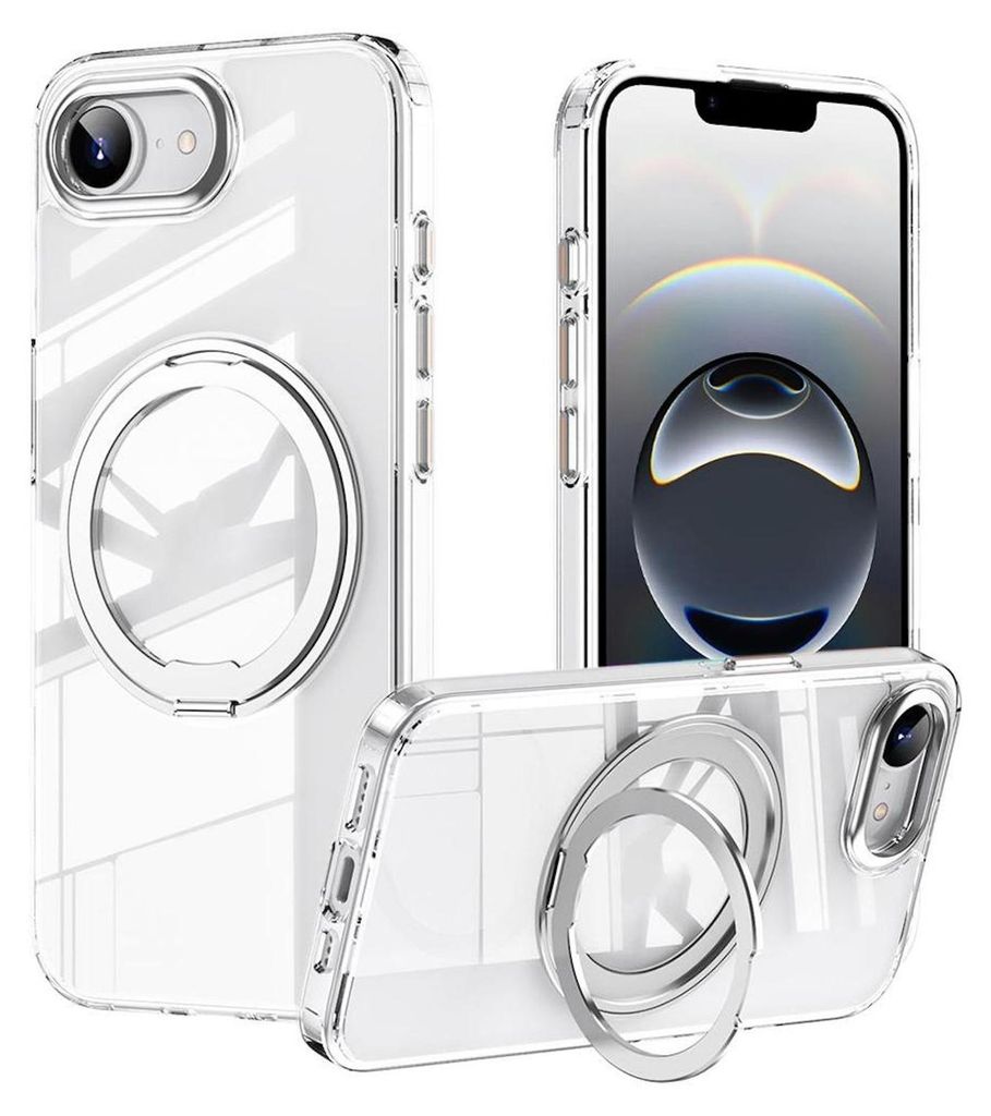 Multiple views of a clear phone case with a silver ring on the back, designed for an iPhone.