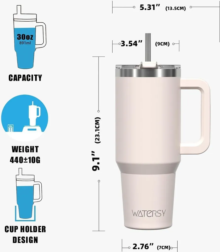 tazza Thermo Mug to Go da 30 oz in acciaio inox a doppia parete a prova di perdite con manico e cannuccia Beige chiaro - 5