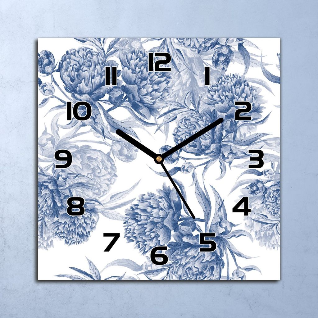 Wanduhr Echt-Glas-Küchenuhr Blaue Pfingstrosen Quarz 30x30 Deko Bilder