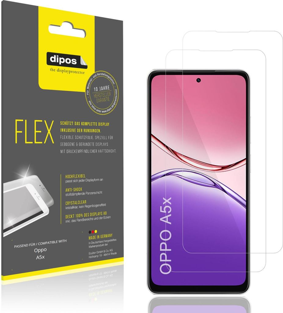 2x Schutzfolie für Oppo A5x Folie, 100% Displayabdeckung, dipos Flex