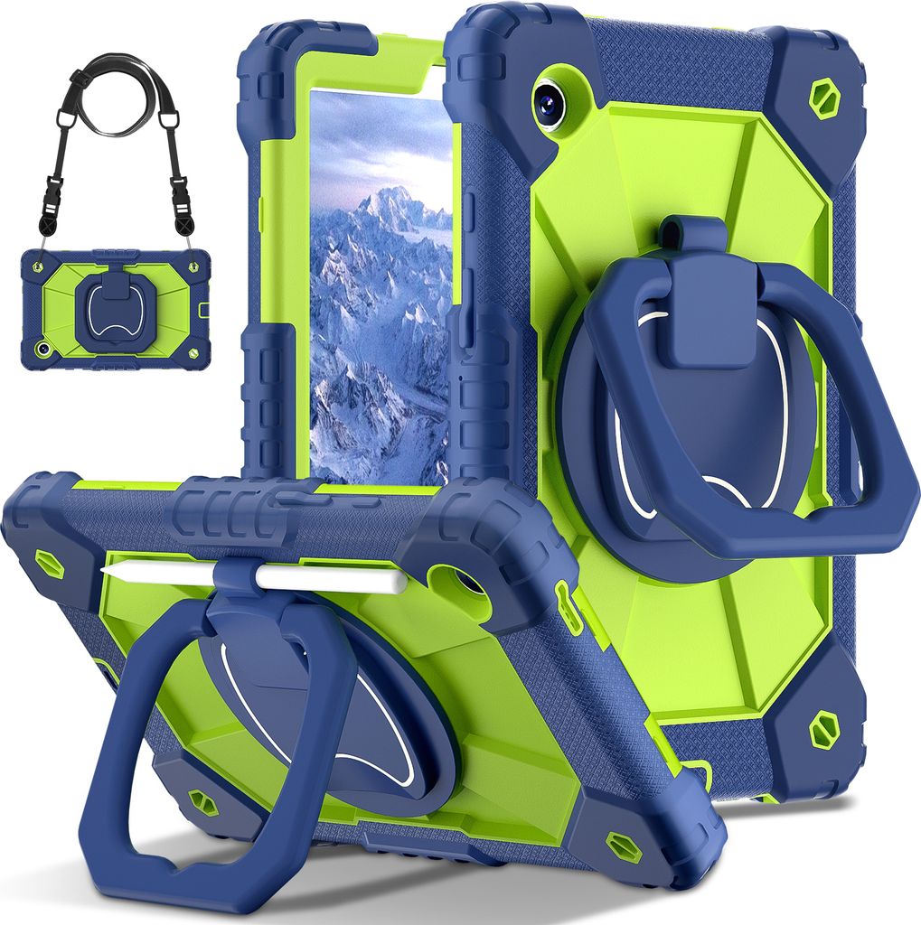 Hülle für Samsung Galaxy Tab A9 2023 8,7 Zoll SM-X110/X115/X117 Robuste Tragbare Schutzhülle mit Ständer, Handgurt und Schultergurt Navy Grün